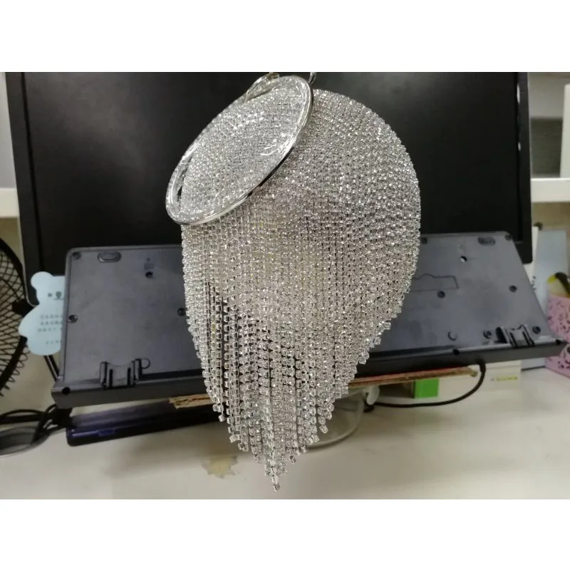  Sliver Diamonds Rhinestone Round Ball Evening Bags For Women 2018 Fashion Mini Tassels Clutch Bag L - 32958415735