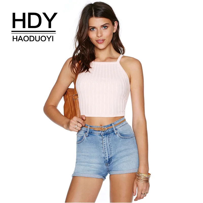 Haoduoyi hdy الصيف أزياء المرأة تانك الأعلى سليم الشارع الشهير الإناث مثير السباغيتي حزام كاميس بلون محبوك المحاصيل القمم