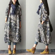 

BUYKUD 2018 Women Autumn Winter Printing Split Dress Robe Vintage Round Neck Long Sleeve Casual Loose Long Dresses With Pockets
