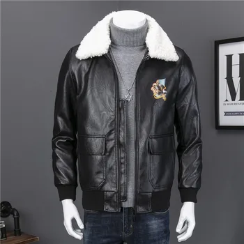 

High Quality 2019 Autumn Winter Leather Jacket US Hawk Print Detachable Fur collar Male Faux Outerwear Leather Coats Suede J8011