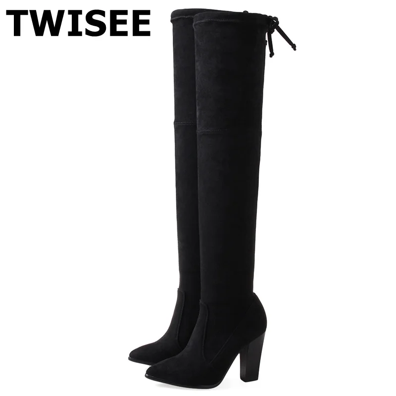 

women over the knee boots new style solid Pumps zapatos mujer warm point toe woman party shoes butterfly knot comfort fashion