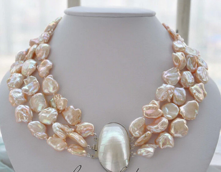 

Free Shipping ***Hot sale >>3strands 19mm BAROQUE pink KESHI REBORN PEARL NECKLACE mabe clasp