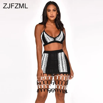 

Fishnet Hollow Sexy 2 Piece Outfits For Women Halter Backless Crop Top+Bodycon Skirts Sweatsuits Summer See Through Matching Set