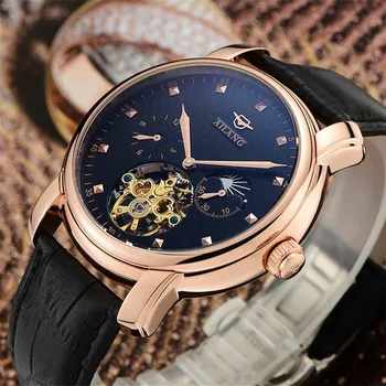 

AILANG Famous Brand Watch 2018 New Luxury Men Automatic Mechanical Watches Rose Gold Case Blue Dial Leather Strap Moon Phase