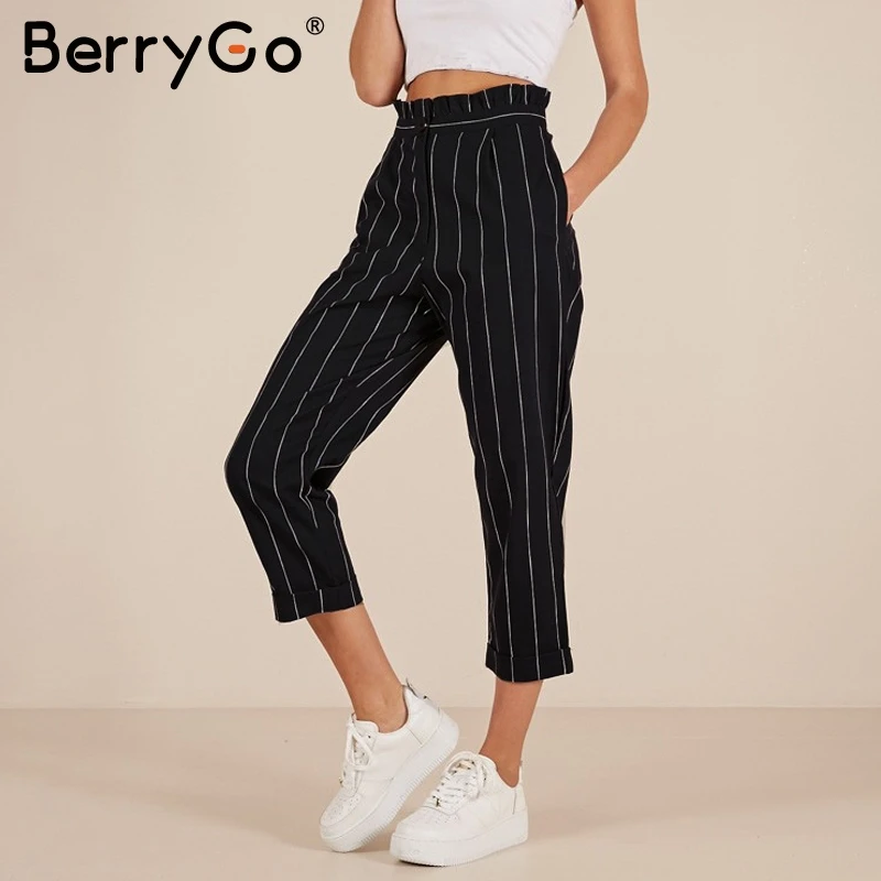 Buy BerryGo Elegant ruffles high waist black pants