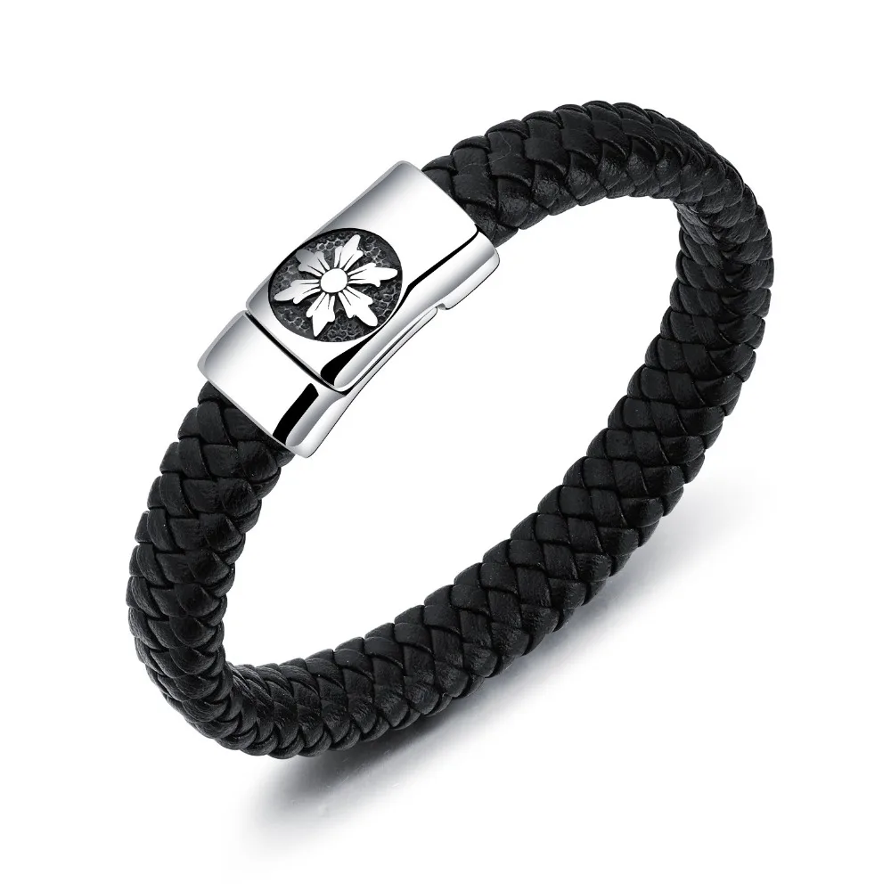 

Handmade Leather Bracelets For Men Japanese Sword Flowers & Clover Magnet Buckle Male Braided PU Wrap Bracelet