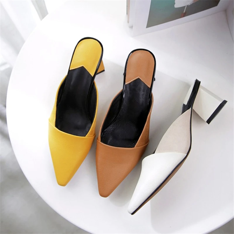 MSSTOR Strange Style Slippers Women Off White Yellow Genuine Leather Concise Fashion Summer Shoes Pointed Toe Mules Shoes Women MSSTOR Strange Style Slippers Women Off White Yellow Genuine Leather Concise Fashion Summer Shoes Pointed Toe Mules Shoes Women