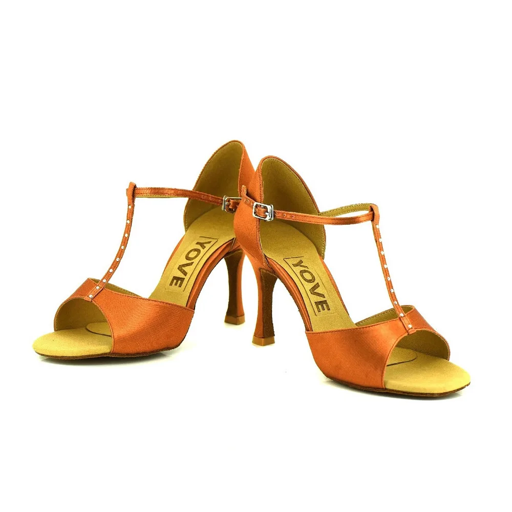 YOVE Dance Shoes T line Satin Open Toe High Heel Women's Latin/Salsa Dance Shoes 3.25 Flare Heel