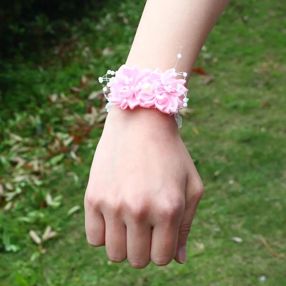 8 шт./лот, жемчужный корсаж на запястье, цветок из шелковой ленты, браслет для подружек невесты, искусственные цветы, свадебные аксессуары SW0679 - Цвет: pink