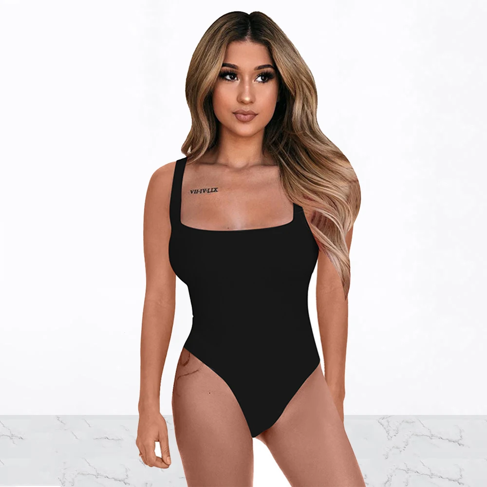 

Women's Sexy Sleeveless Solid Color Skinny Bodysuit Female Summer Party Clubwear Elegant Square Collar One Piece Bodycon Rompers