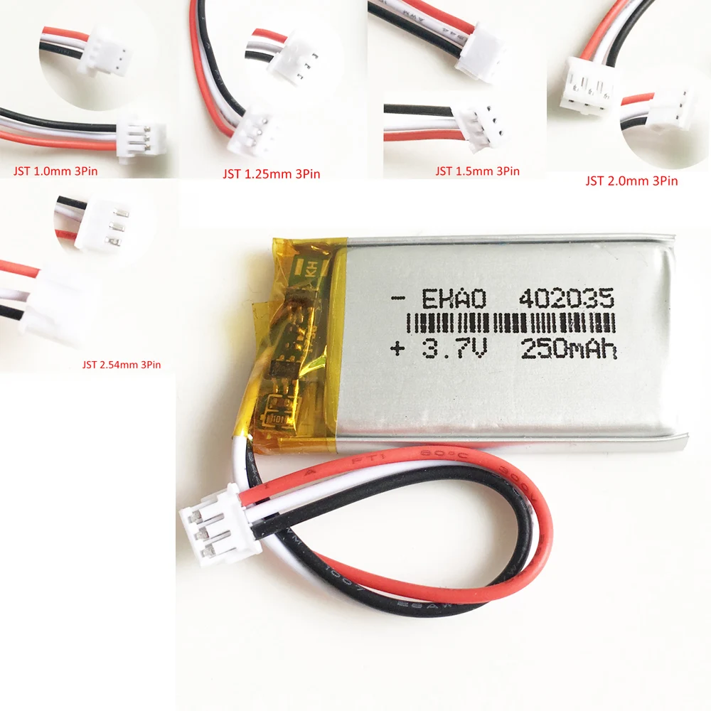 

3.7V 250mAh 402035 Lithium Polymer LiPo Rechargeable battery JST 1.0/1.25/1.5/2.0/2.5mm 3pin for Handheld GPS Mp3 GPS bluetooth
