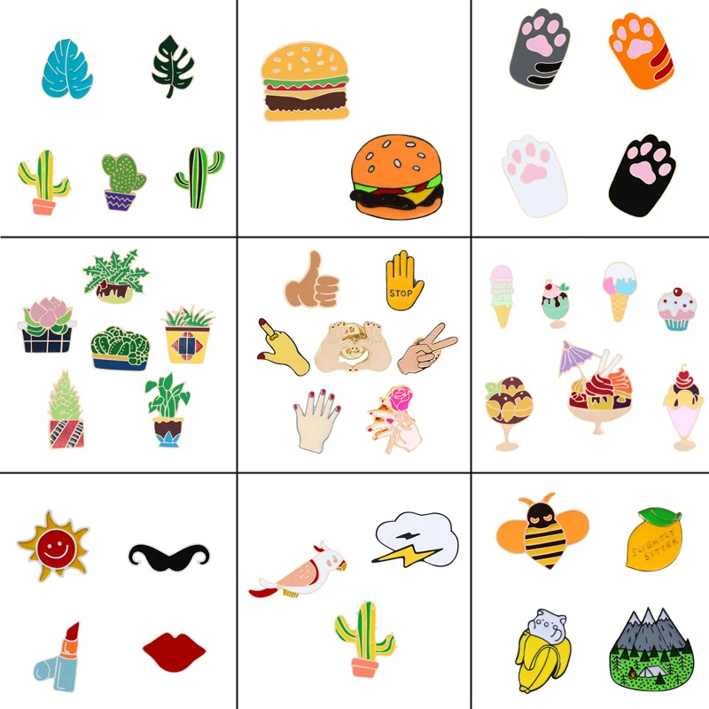 

Cute brooch icon Button pins2~7 pcs/pet Hamburger plant ice cream lips bee finger cat claw Metal lapel pin badge women jewelry