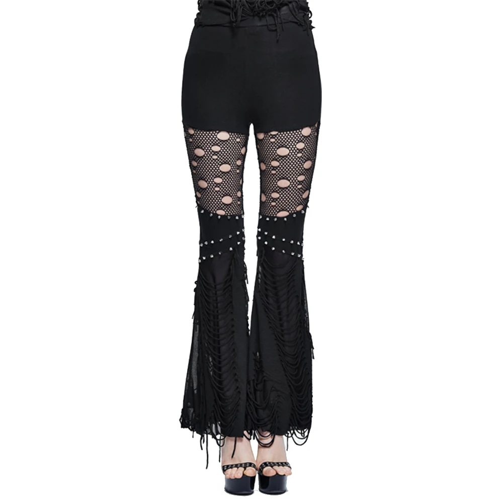 Punk Rock Women Bell Bottom Palazzo Pants Sexy Lace Hollow out Flared