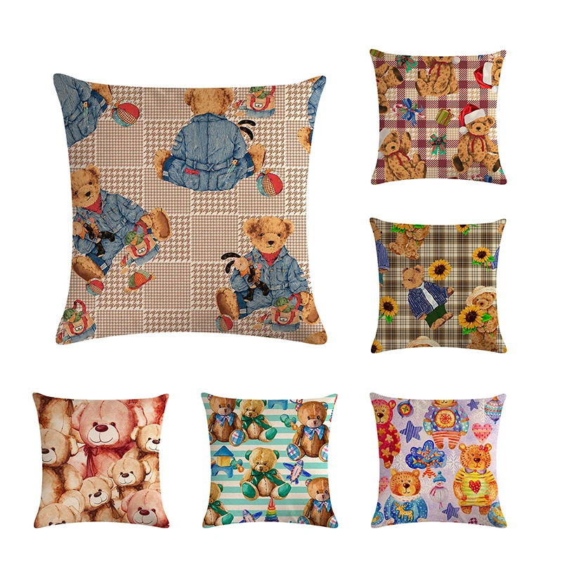 Teddy bear Cushion Cover Children Gift Throw Pillow Cover Cotton Linen