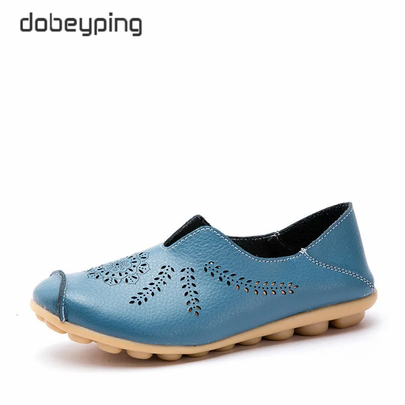 Dobeyping/Новинка; женская обувь с вырезами; женская обувь из натуральной кожи на плоской подошве; летние женские лоферы; женская однотонная обувь; большие размеры 35-44 - Цвет: Hole Light Blue