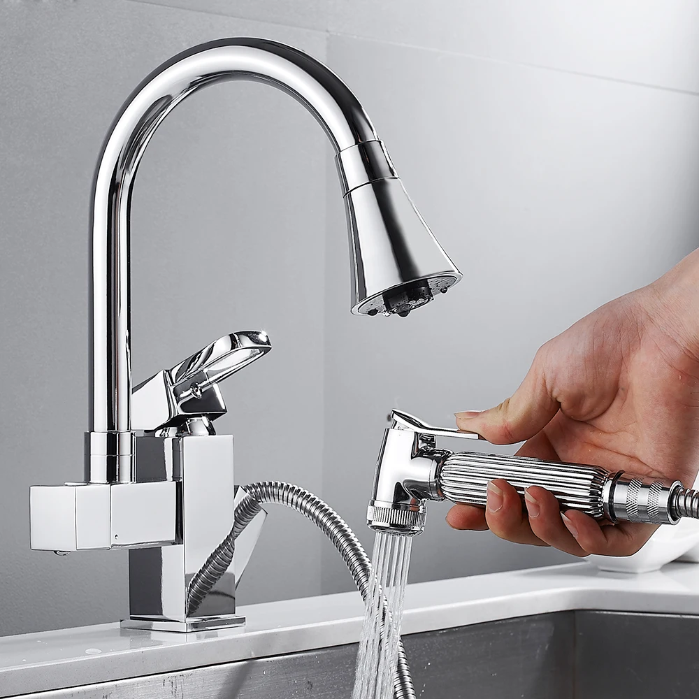 

360 Rotate Swivel Kitchen Faucets 2 Outlet Sink Mixer Taps Pull Out Spray Bidet Head Tap & 2 Hose Water Mixer Deck Mounted