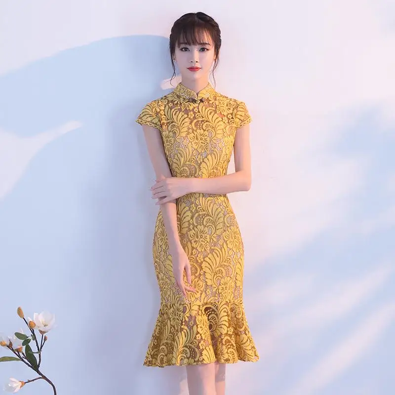 Элегантный кружево Цветочный для женщин Cheongsam Oversize XXXL воротник стойка Qipao Новинка короткий рукав вечерние платья платье подружки невесты - Цвет: Gold