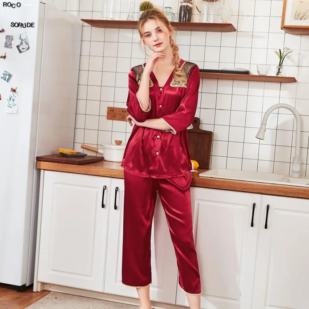 

Women Sleepwear Summer Lace Patchwork Nightwear Satin Top Pants 3/4 Sleeve Sets