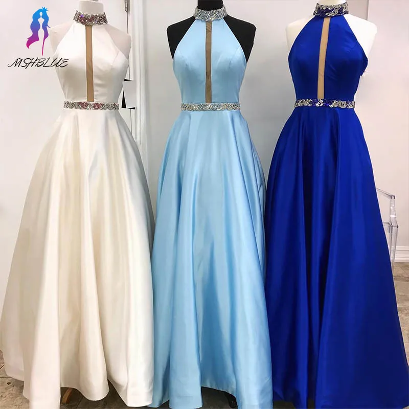 

Sky Blue Satin Long Prom Dresses Formal Women Gowns Halter Beading Backless MSHBLUE 2019