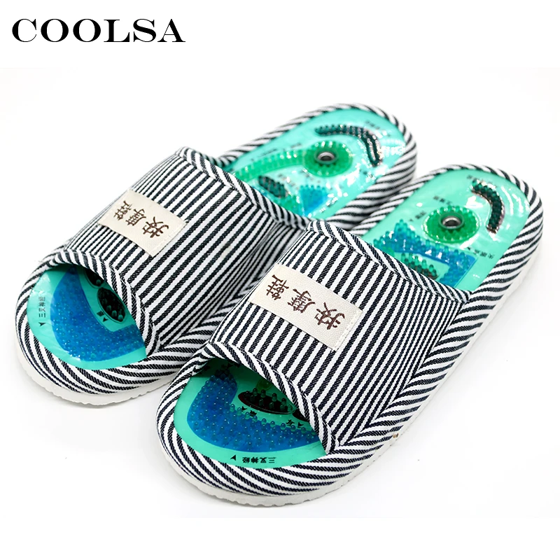 

Coolsa New Unisex Massage Slippers Slimming Shoes Stripes Fabric PVC Reflexology Flat Non-Slip Home Slipper Casual Beach Sandals