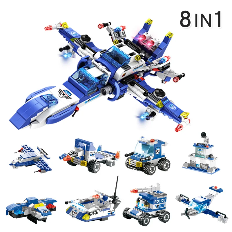 8 In 1 City Police Series SWAT Building Blocks Kids Assembling Weapons Aircraft Car Robot Toy Compatible with Legoed