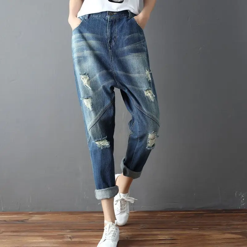 2018 New Ripped Harem Jeans Street Fashion Lady Retro Elastic Waist