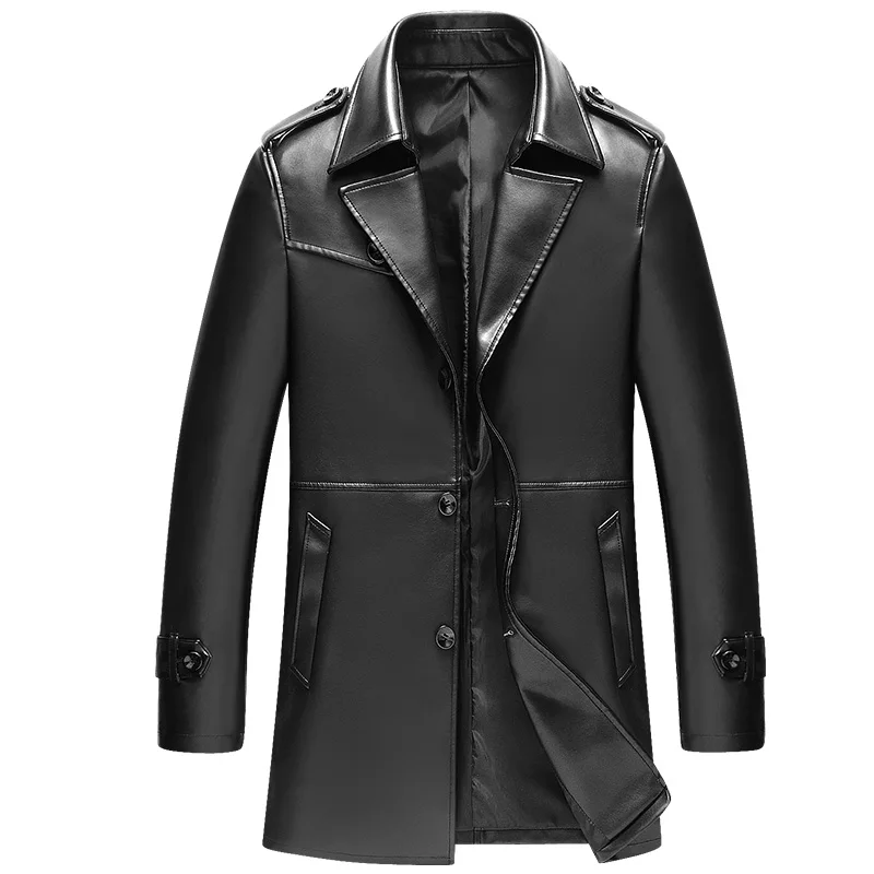 New Arrival Men Leather Medium-long Slim Spring Turn-down Collar Men's Clothing  Leather Trench Men's PU Outerwear