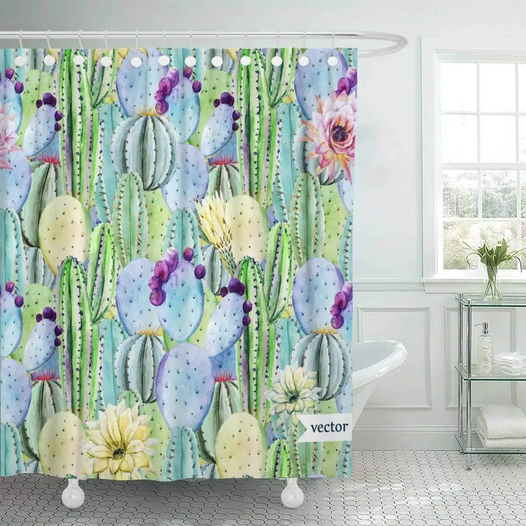 Shower Curtain with Hooks Green Desert Watercolor Tropical Pattern Cactus Floral Flower Beautiful Blossom Bathroom | Дом и сад