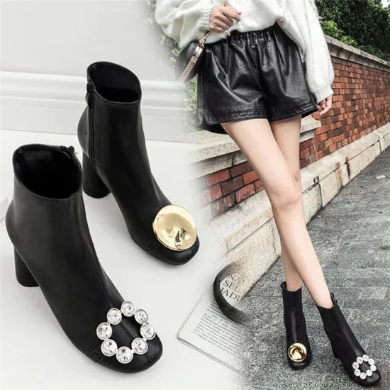 Ins Hot Fashion Women Boots Retro Copper Rhinestone Buckle Ankle Boots Autumn Winter Boots Martin Boots Shoes Woman Botas Mujer (11)