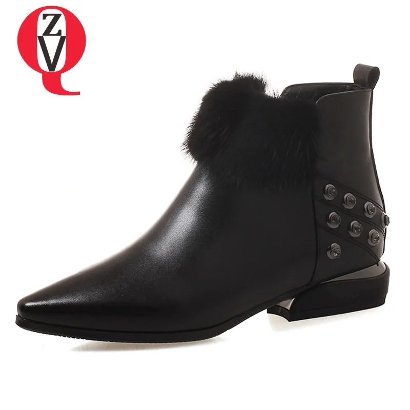 

ZVQ women shoes 2018 new fashion sexy pointed toe low square heel zipper metal rivet genuine leather fur decoration ankle boots