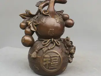 

11'' China Art Sculpture Good Luck And Happiness To You Gourd Bronze Statue