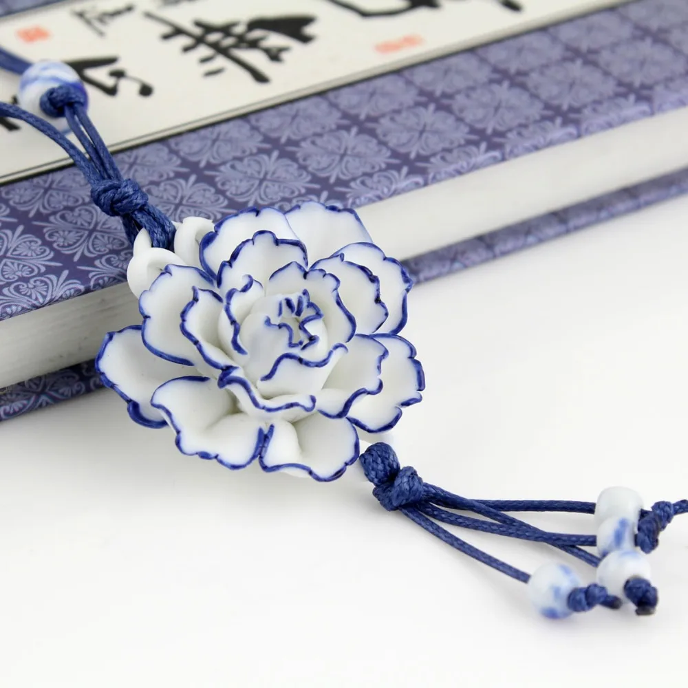 Hot handcraft blue white peony flower long necklace classic vintage pendant sweater chain jewelry birthday gift