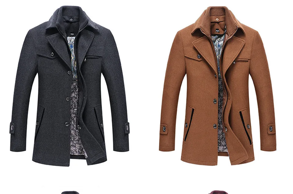 Mens Fashion Boutique Wool Pure Color Business Standing Collar Woolen Dust Coats / Male Quality Slim Leisure Trench Coats