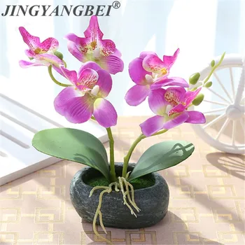 

Stone Artificial Butterfly orchid silk flowers pot vase set desktop bonsai Flower Potted Home wedding Decoration christmas gift