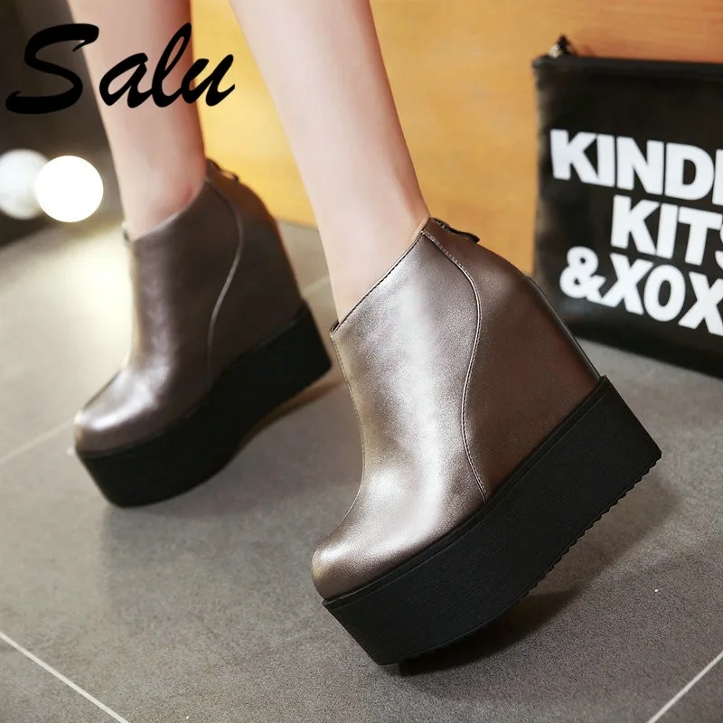 

Salu New Women Ankle Boots Autumn Winter Wedges High Heels Shoes Woman Pu Leather Casual Quality Brand Boots