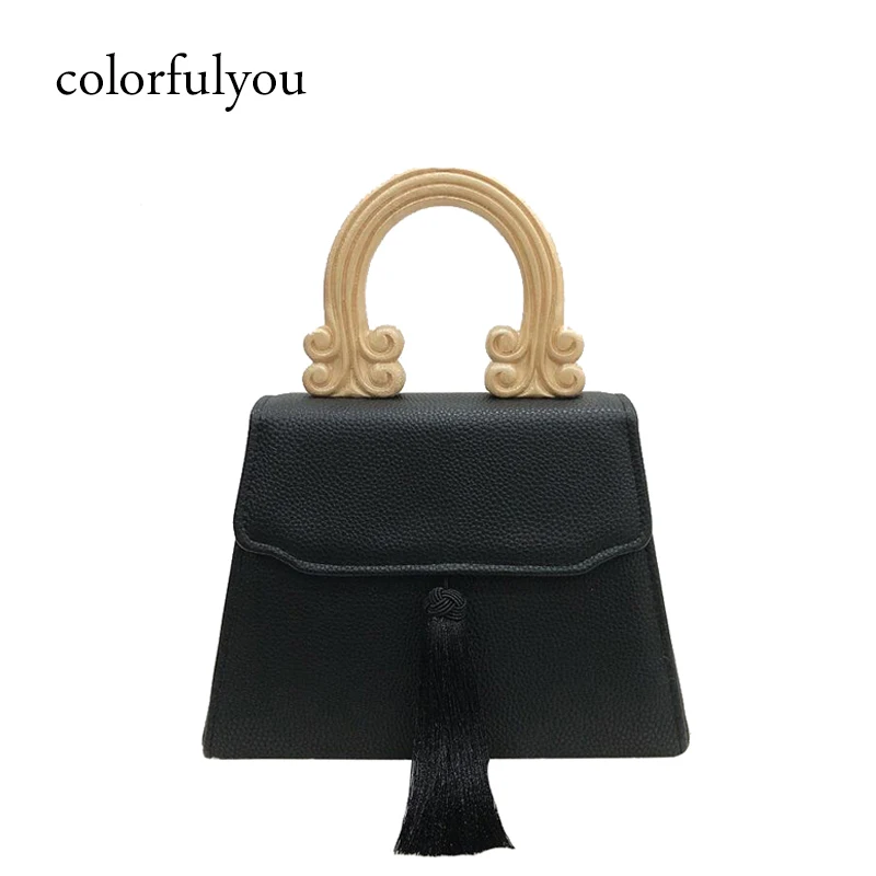 Vintage tassel handbag with wooden handle women black PU leather handbags dinner Clutch Bag for ...