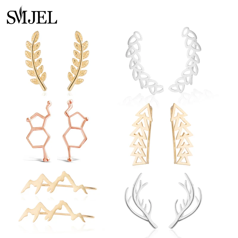 

SMJEL Vintage Leaf Earrings Cuff Ear Climbers Wedding Jewelry Geometric Mountain Antler Branch Stud Earring Women Bridal Gift