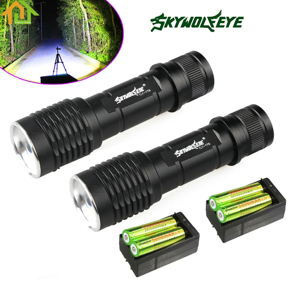 

2pcs 1200 LumenSkywolfeye XM-L T6 LED Tactical Flashlight Torch Zoomable 5 Mode Flash Light + 4pcs 18650 Battery + 2pcs Charger