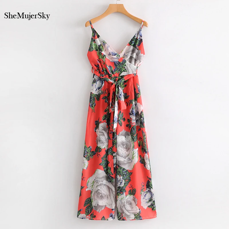 

SheMujerSky Women V-Neck Floral Jumpsuit Red Sleeveless Long Jumpsuits With Belt Romper Women Elegant