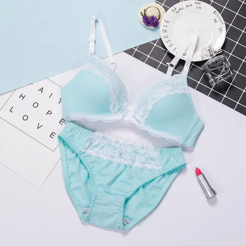 Sexy Women Back Closure Padded Bra Sets B Cup Lace Gauze Patchwork Wireless Bras+Paties Suits Multi-Color