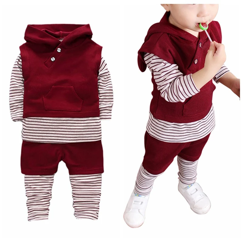 3pcs Baby Boy Cotton Long Sleeve Stripe T shirt Tops+Hooded Vest