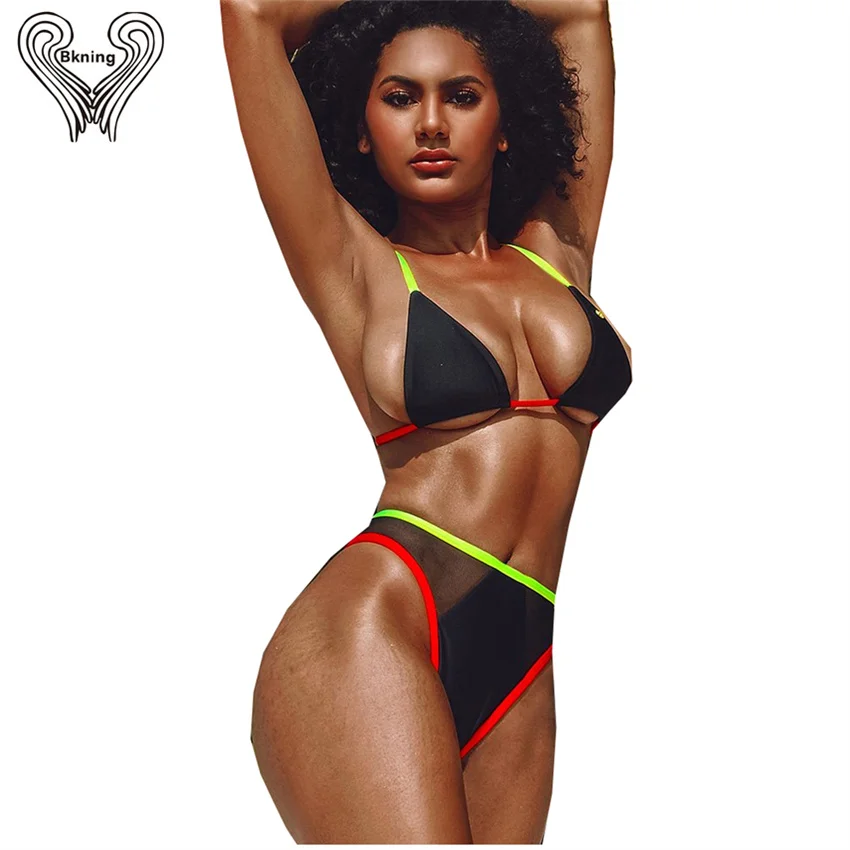 

Bkning Patchwork Mesh Insert Bikini for Women High Waisted Swimsuit Triangle Padded Bathing Suit High Leg Cut Bandage Biquini