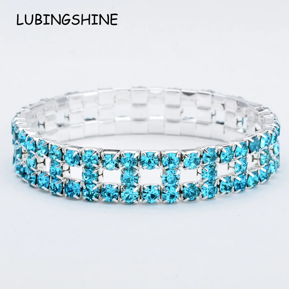 

Romantic Wide Silver Blue Crystal Bracelets&Bangles for Women Rhinestones Elastic Bracelet Wristband Pulseras Wedding Jewelry