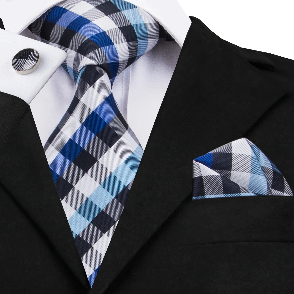 Hi Tie Classic Blue Plaid Ties for Men Silk Tie Set Men's Necktie