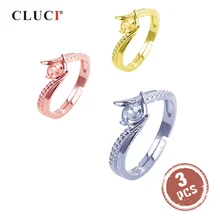 CLUCI 3 шт 925 Серебряное кольцо из циркона для женщин серебро 925 жемчужное кольцо Крепление регулируемое кольцо ювелирные изделия