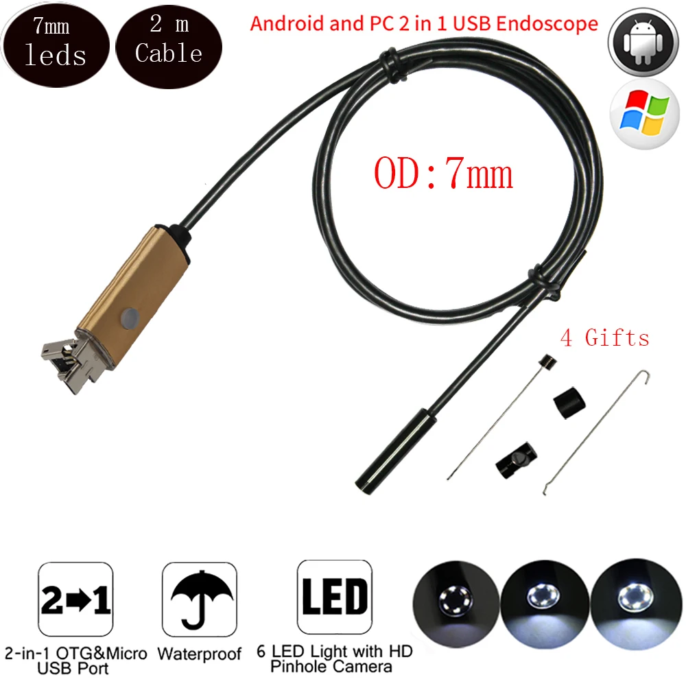 

Hd 7mm Lens Android USB Endoscope Camera 2M Flexible Snake USB Pipe Detection Android Phone PC OTG USB Borescope Camera 6 LEDS