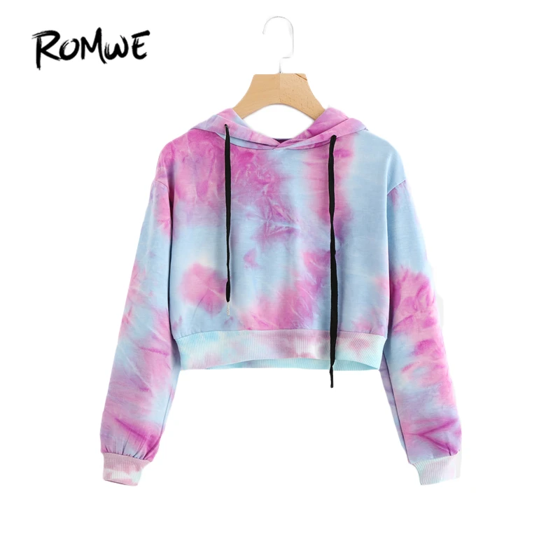  ROMWE Water Color Crop Hoodies Multicolor Casual Women Drawstring Hooded Sweatshirt Autumn Tie Dye 