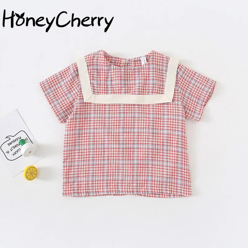 

Children's Shirt New Korean Summer Product Girl Plaid Baby Navy Collar Cotton Girl Plaid Shirt Girls School Blouses