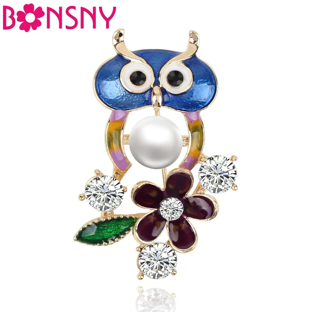 

Bonsny Alloy Enamel Owl Bird Flower Brooch Rhinestone Pearl Pin For Women Teens Clothes Scarf Decoration Solid Jewelry Gift Bulk