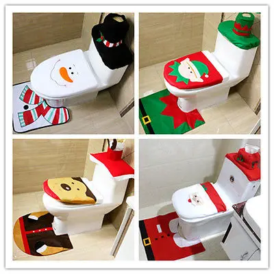 

XMAS Cute Friendly Toilet Foot Pad Seat Cover Cap 3Pcs Christmas Decorations Happy Santa Toilet Seat Cover and Rug Bathroom Set